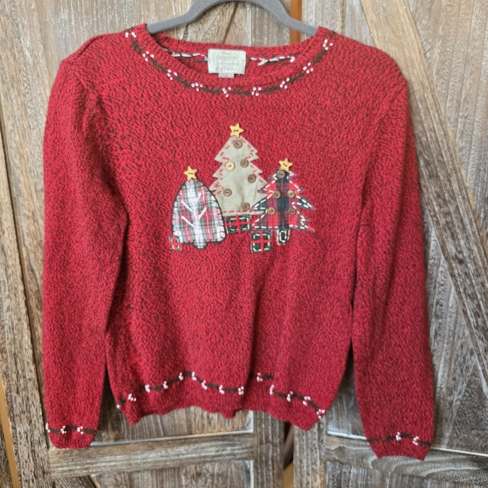 Christopher & Banks Sweater Women's Size Small‎ Red Christmas Hand Embroidered